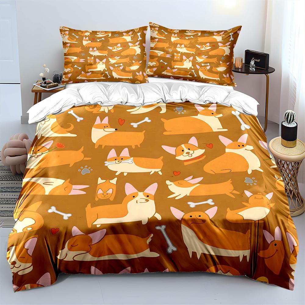 Cartoon corgi dog pattern Bedding Set for Kids Luxury Gift 3pcs Digital Print Comforter Set Soft Comfortable Breathable