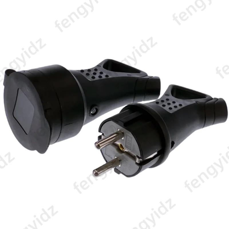 EU Rubber Waterproof Socket Plug 16A 250V IP54 Grounded European Connector With Cover For DIY Power Cable Cord