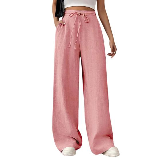 

Women Pants Loose Fit Elastic Waist Straight Wide Leg Casual Pants with Pockets Pure Color Work Travel Trousers Daily M розовый