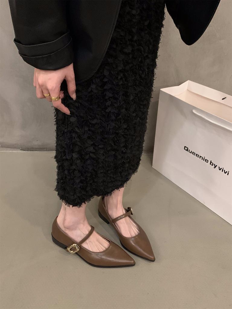 Low-heeled black temperament Mary Jane single shoes women's shoes 2025 new spring and autumn French flat-bottomed pointed evening shoes