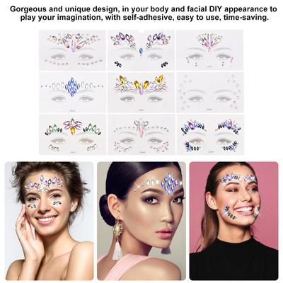9 Sets DIY Face Stickers Gems Mermaid Face Jewels Stick On Crystal Rhinestone Festival Face