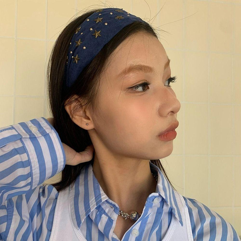 Spicy Girl Wide Edge Hairband Y2K Retro Hair Hoop Sweet Wide Star Rivet Headband  Women