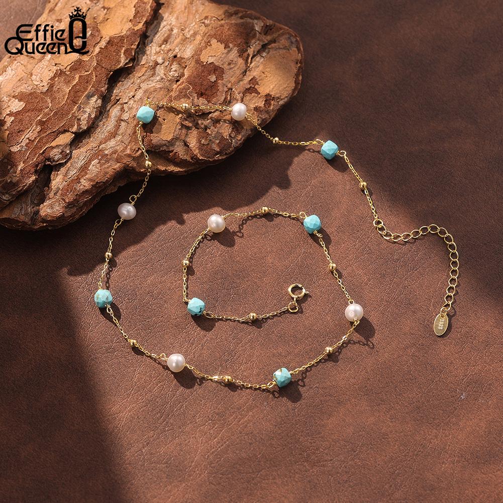 EFFIE QUEEN 925 Sterling Silver Simple Turquoise Choker Necklace with Natural Pearl Bead Chain Jewelry Gift Accessories MPN12