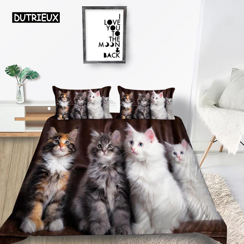 Cat Duvet Cover Set King Size Microfiber Cute Animal Print Girl Teen Kid Comforter Cover Lovely Kitty Series Pattern Bedding Set
