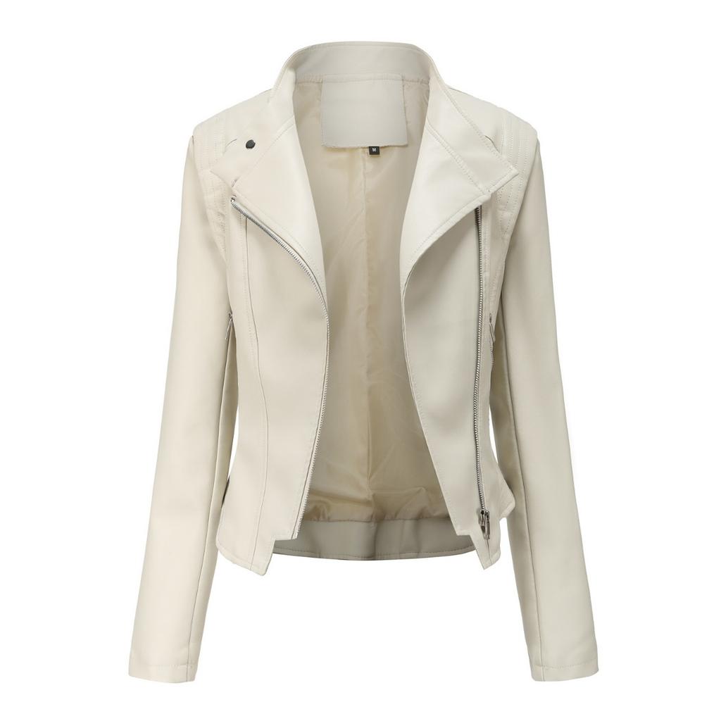 Nouvelle Veste en Cuir Courte Ajustée pour Femme avec Col en Cuir PU, Vêtement d'Extérieur Fin à Manches Longues Printemps Automne