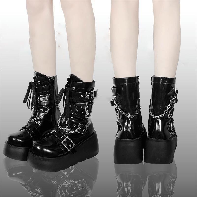 Punk style round head thick-soled decorative Martin boots autumn and winter new sub-culture cross buckle strap Spice girl short boots