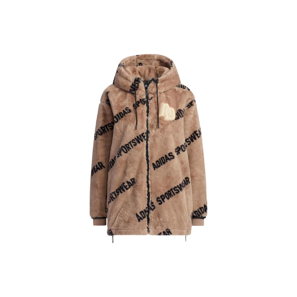 Adidas Monogram Jacket Letter Print Fleece Loose Hooded Coat Women Jackets Pink Brown IB2748