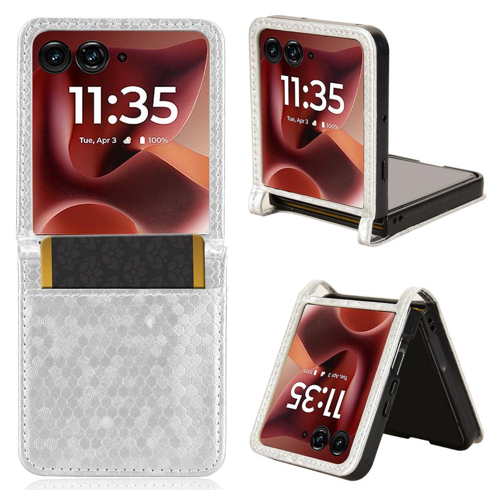 

For Motorola Razr 60 Ultra 5G Case with Card Slot Dot Pattern Imprint PC+PU Leather Phone Cover Silver