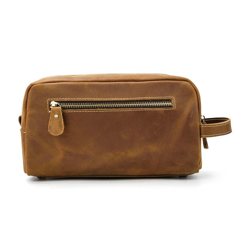 Vintage Full-Grain Leather Toiletry Bag With Zip Multi-Compartment Cosmetic Organizer Travel Daily Use