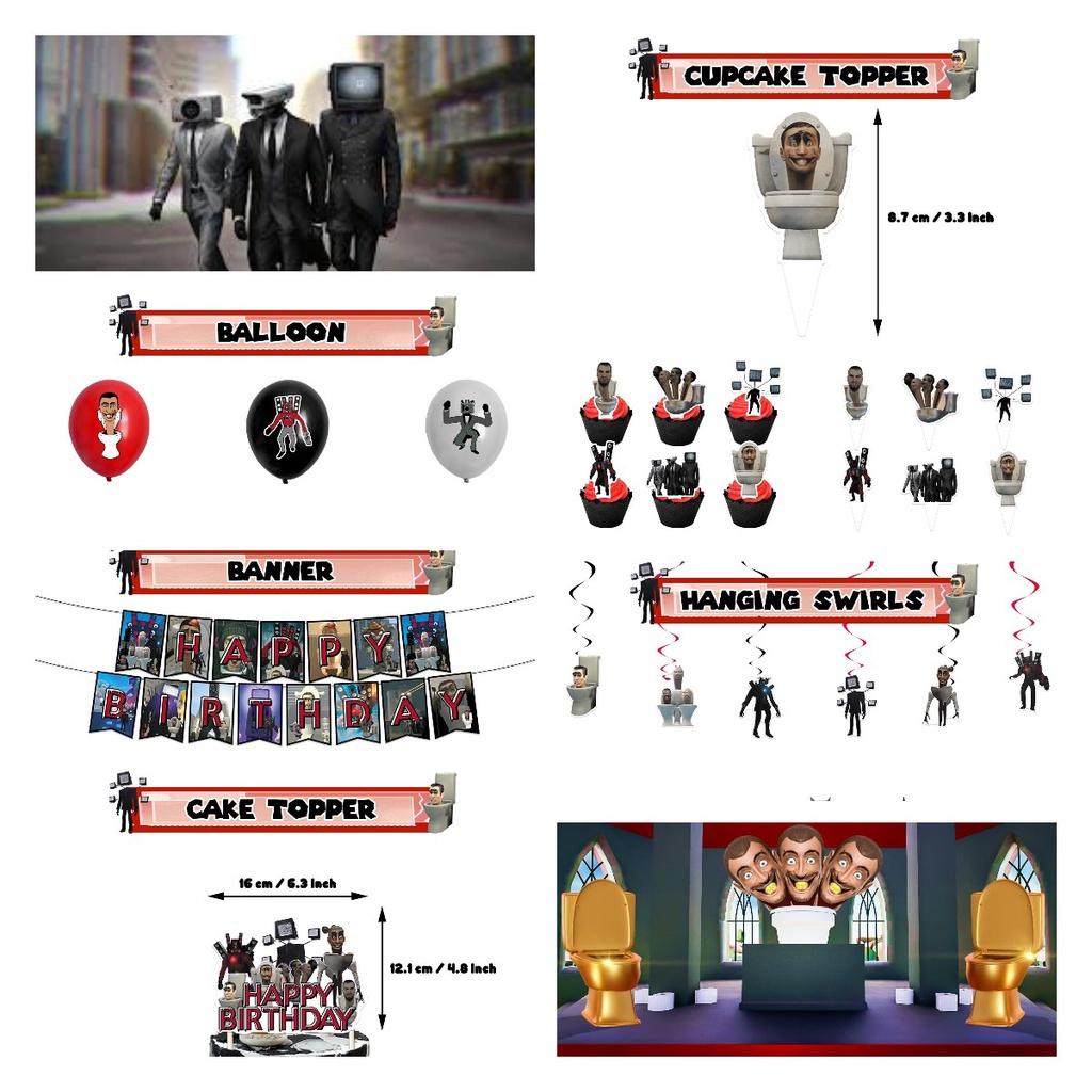 Skibidi Toilet Theme Birthday Party Decoration Kit Monster Birthday Cake Topper Paper Flag Balloons And More!