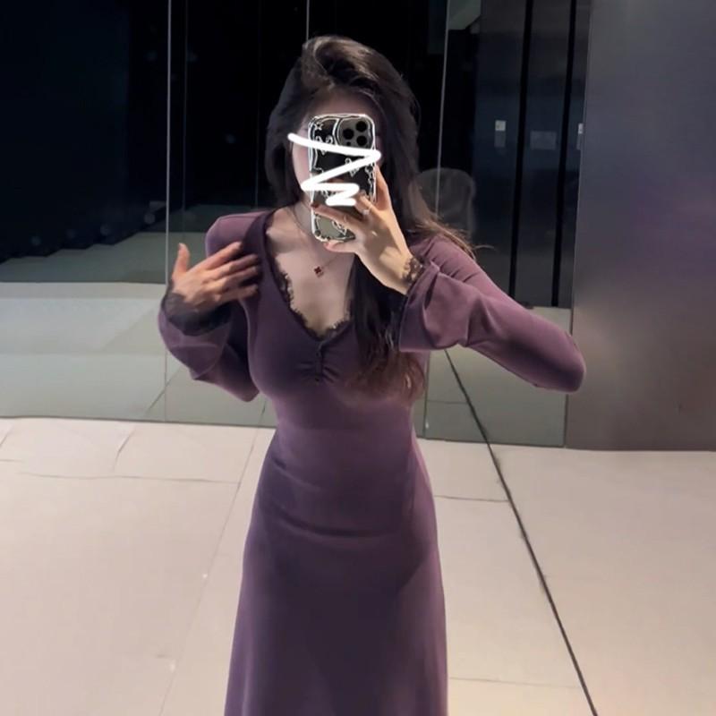 

French inner lace V-neck purple dress children s autumn and winter new bottom hip-wrapped temperament dress S чёрный