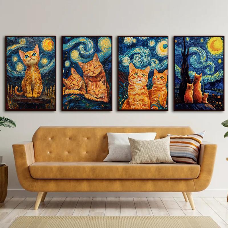 Black Cat Under The Sky Starry Night Series Theme Canvas Printing Fashion Populars Colors Mural Studio Home Decoration Art Gifts