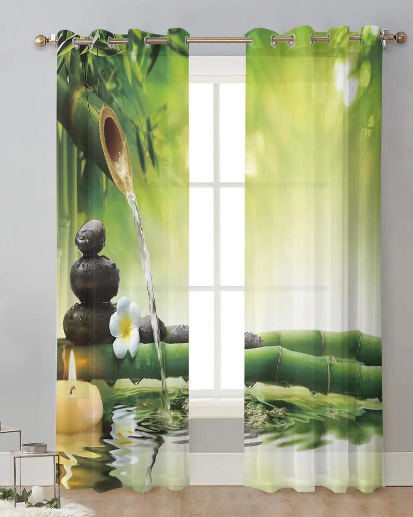 Zen Stein Grüner Bambuswald Wasser Chiffon Transparente Vorhänge für Wohnzimmer Schlafzimmer Dekoration Fenster Voiles Tüll Vorhang Drapierungen