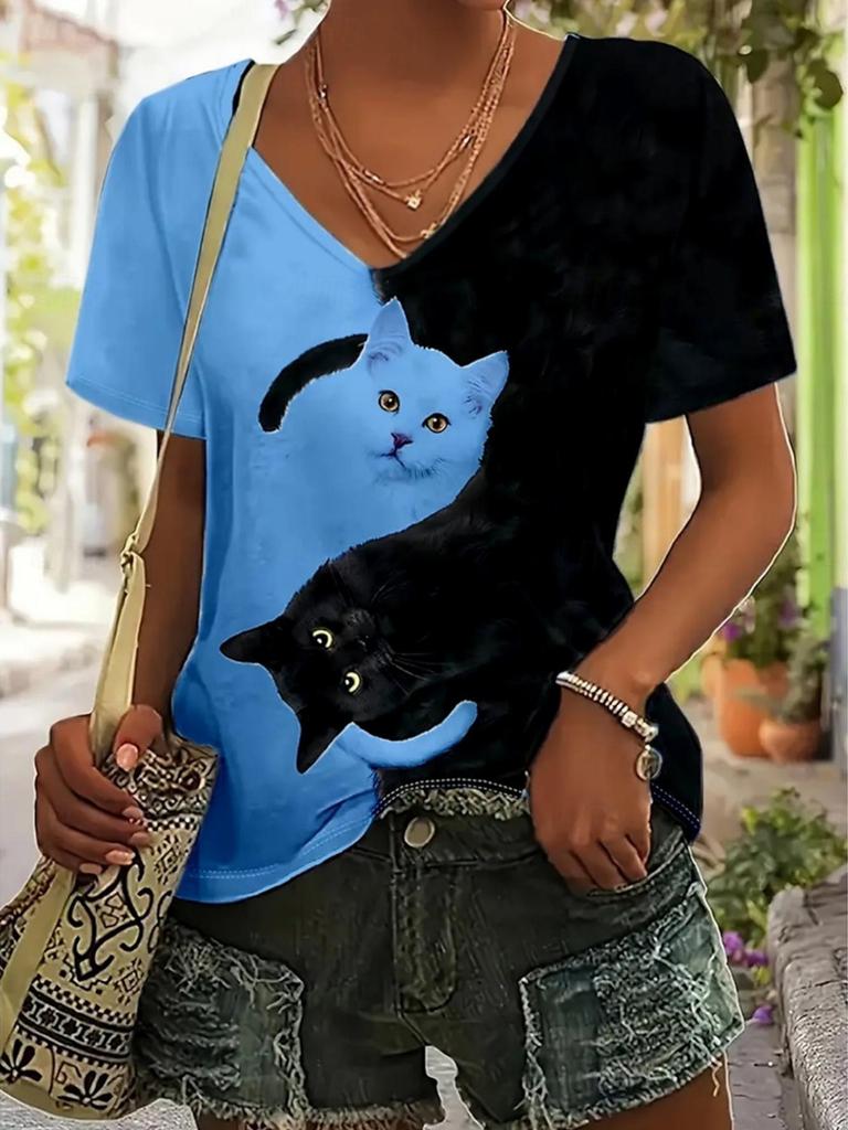 Sommer V-Ausschnitt 3D Katze Muster Bedrucktes Top Modische Lässige Kurzarm Damen T-Shirts
