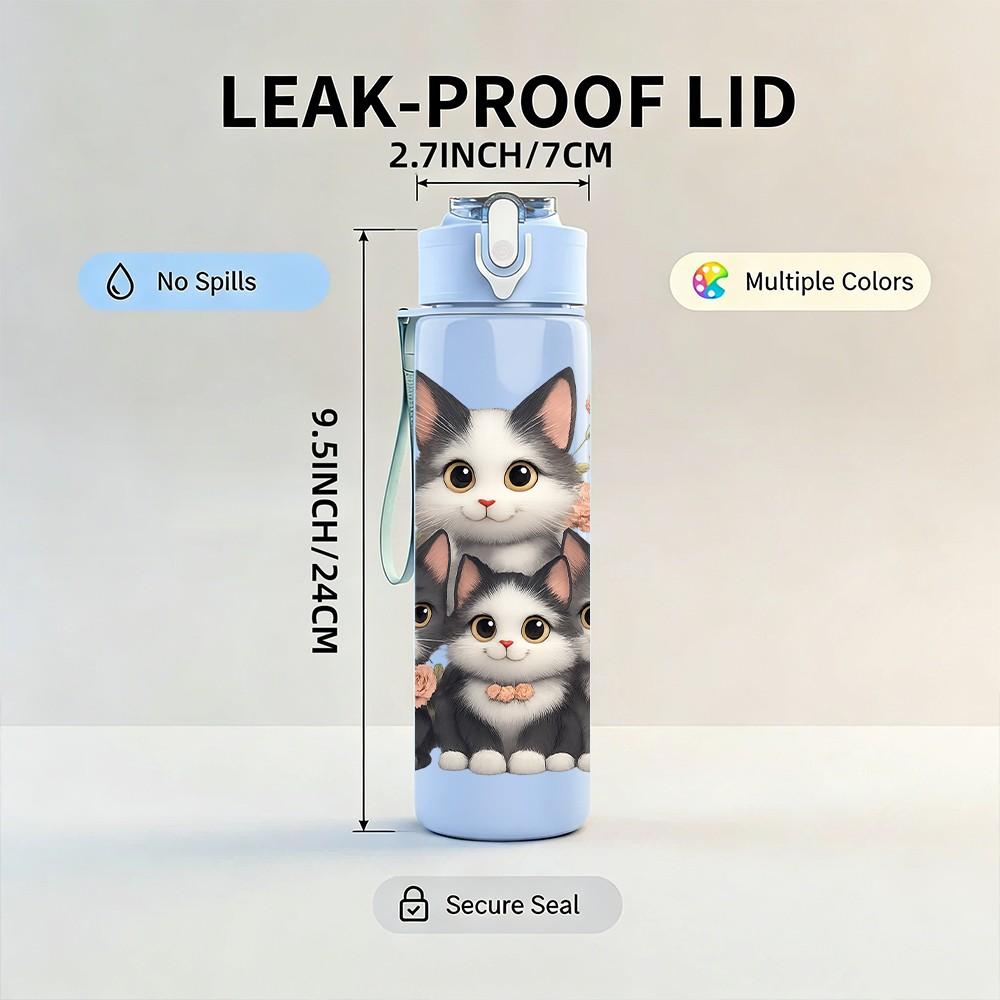 1PC Family Kitten Group Pattern 750ml Color Plastic Sports Water Bottle Leakproof Flip Straw Lid Suitable for Sports Office Home Use