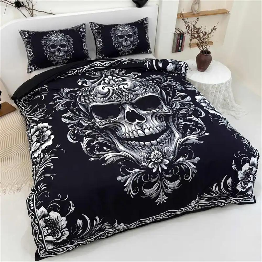 Gothic Skull Duvet Cover Set Black White Design Victorian Baroque Queen King Size Bedding Set With Pillowcase For Bedroom
