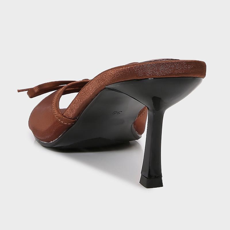 Fashion Elegant Brown Mesh Women Slippers Summer Fashion Bow Decoration Slide Sandals Sexy Peep Toe Thin High Heel Sandals Beach Shoes
