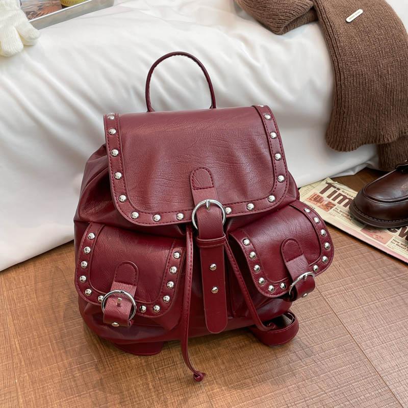 Studded Leather Backpack Women's Fashionable Vintage Style Bag with Adjustable Straps and Multiple Pockets