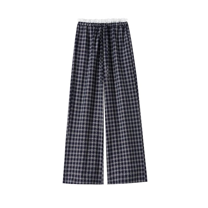 Korean Lace-Trim Plaid Wide-Leg High-Waist Pants for Women - Versatile Spring/Summer Casual Style