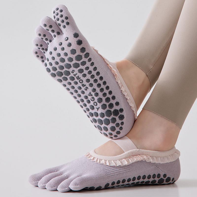 Ballet Style Non-Slip Yoga Socks with Lace Open-Back Toes and Silicone Grip
