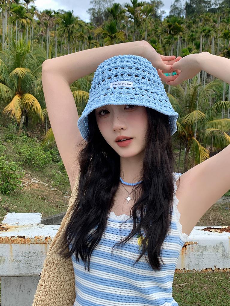 Hollow straw hat women's summer bucket hat sunshade sunscreen hat straw woven basin hat show face small bucket hat