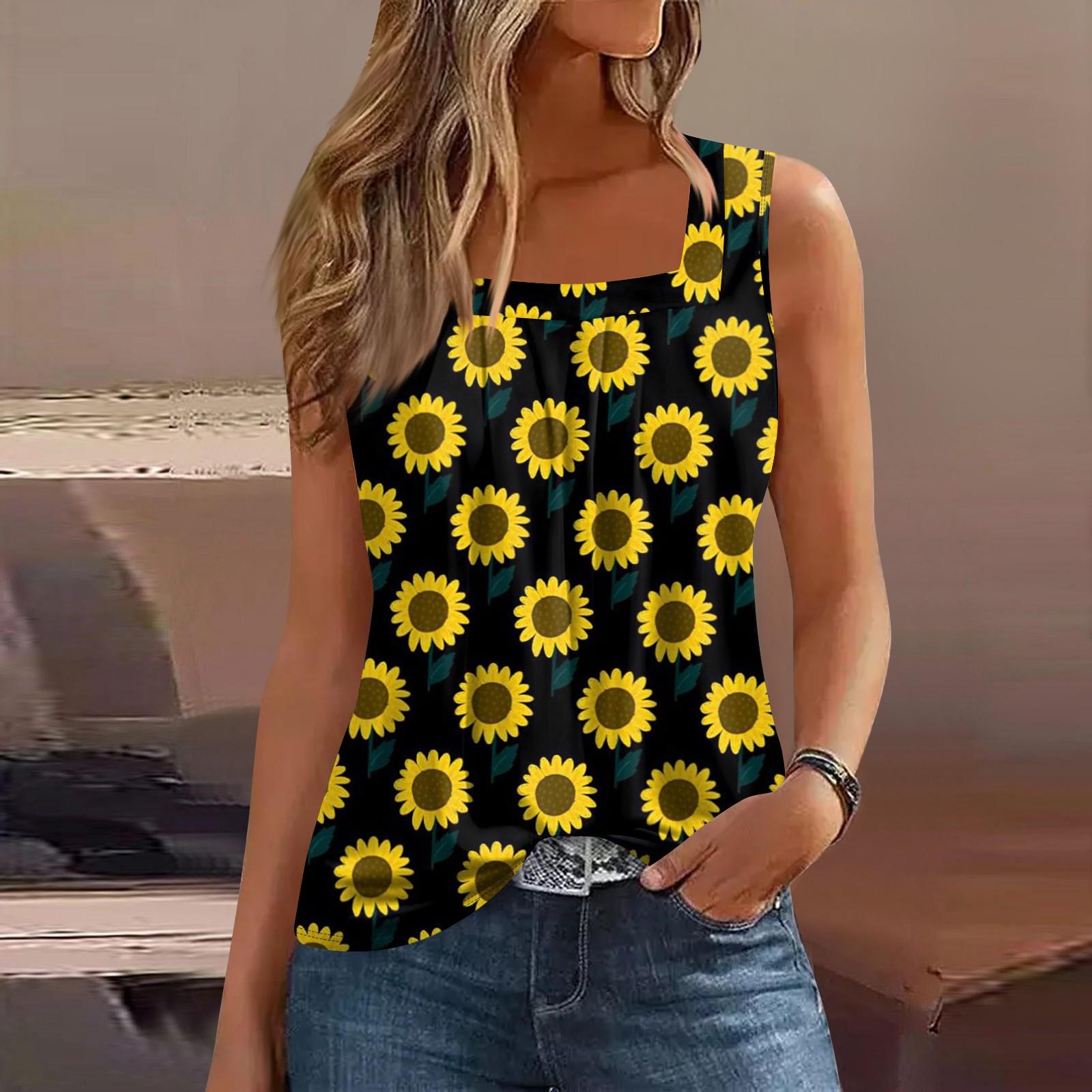 

Женская летняя повседневная плиссированная футболка без рукавов с квадратным вырезом и принтом XL