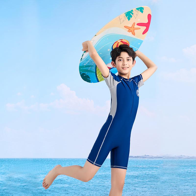 

Комплект слитного купальника для мальчиков быстросохнущего однотонного цвета с шортами до колена и короткими рукавами для тренировок по плаванию для детей старшего возраста 12# (40-50 lbs)