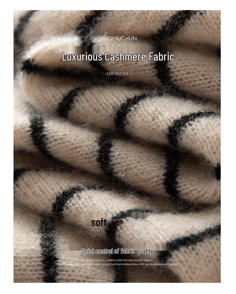 2025 Autumn/Winter Women's Color Block Stripe Cashmere Sweater - Loose Knit Round Neck Long Sleeve Fashion Base Layer