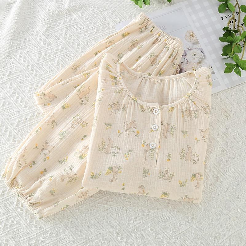 Dámské pyžamo z čisté bavlny Dámské kalhoty s dlouhým rukávem, kulatým výstřihem, volné domácí oblečení, malý potisk, bavlna, sada na spaní