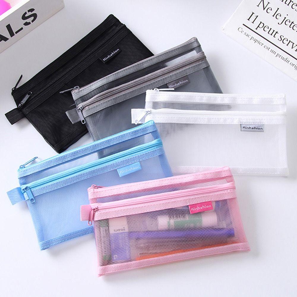 

Layer Solid Color Transparent Pencil Bag Stationery Pouch Storage Supplies Net Yarn Storage Bag