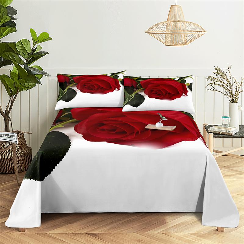 Startseite Bettlaken Rote Rose Einzelbettlaken Modedesign Blumenlaken Queen Size Bettlaken Set Bettlaken und Kissenbezüge