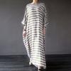 O-Neck Batwing Sleeves Women Dress Pockets Ankle Length Fine Sewing Retro Striped Print