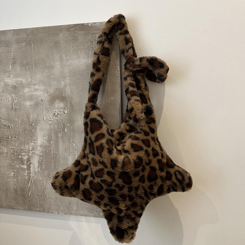 Winter Furry Star Large Capacity Shoulder Bag Vintage Tote Handbags Female Leopard Pattern Plush Crossbody Bags for Women CLE
