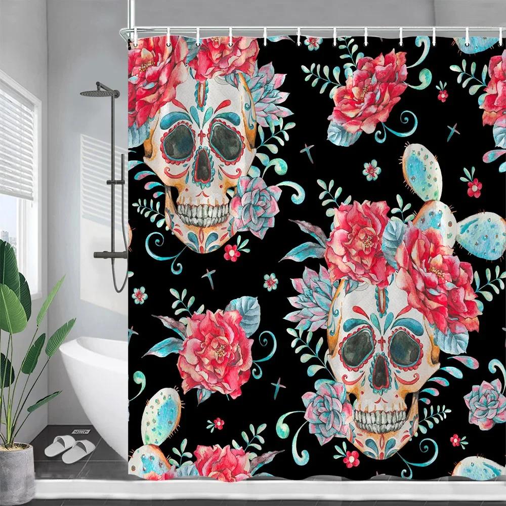 Blommigt Dödskalle Duschdraperi Rosa Blommor Skelett Akvarellkonst Rolig Halloween Badrumsgardin Tyg Badrumsinredning med Krokar