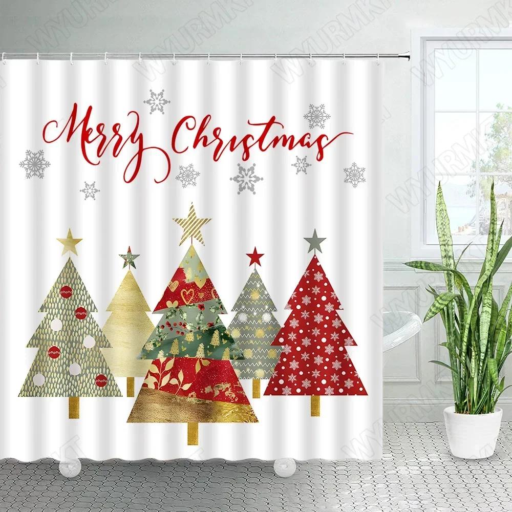 Christmas Shower Curtains Creative Xmas Tree Elk Snowflake Buffalo Plaid New Year Holiday Fabric Bathroom Decor Bath Curtai.