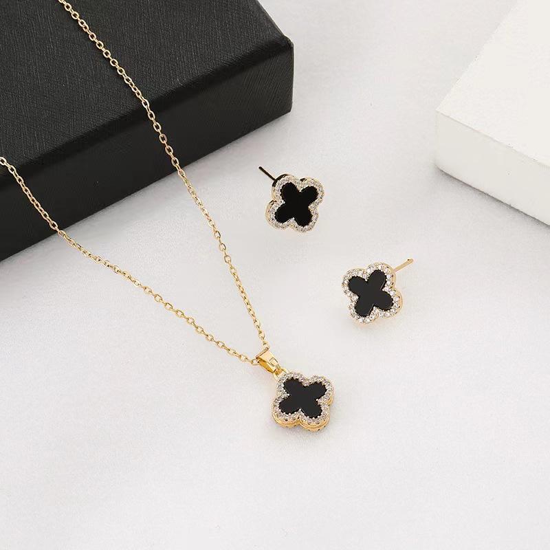 New Four-leaf Clover Necklace, Super Flash Full Diamond Temperament Stud Earrings, Pendant Internet Celebrity Versatile Women's Jewelry
