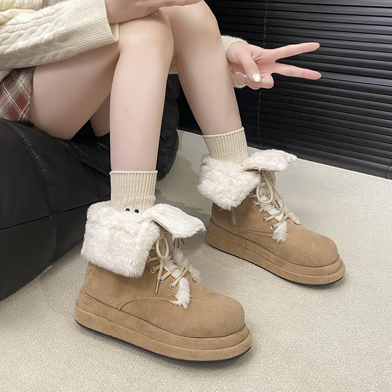 Medium Tube Thick-soled Snow Boots Women's Winter 2025 New Internet Celebrity Foreign Style Martin Strap Fluffy Boots Piled Thickened Cotton Shoes