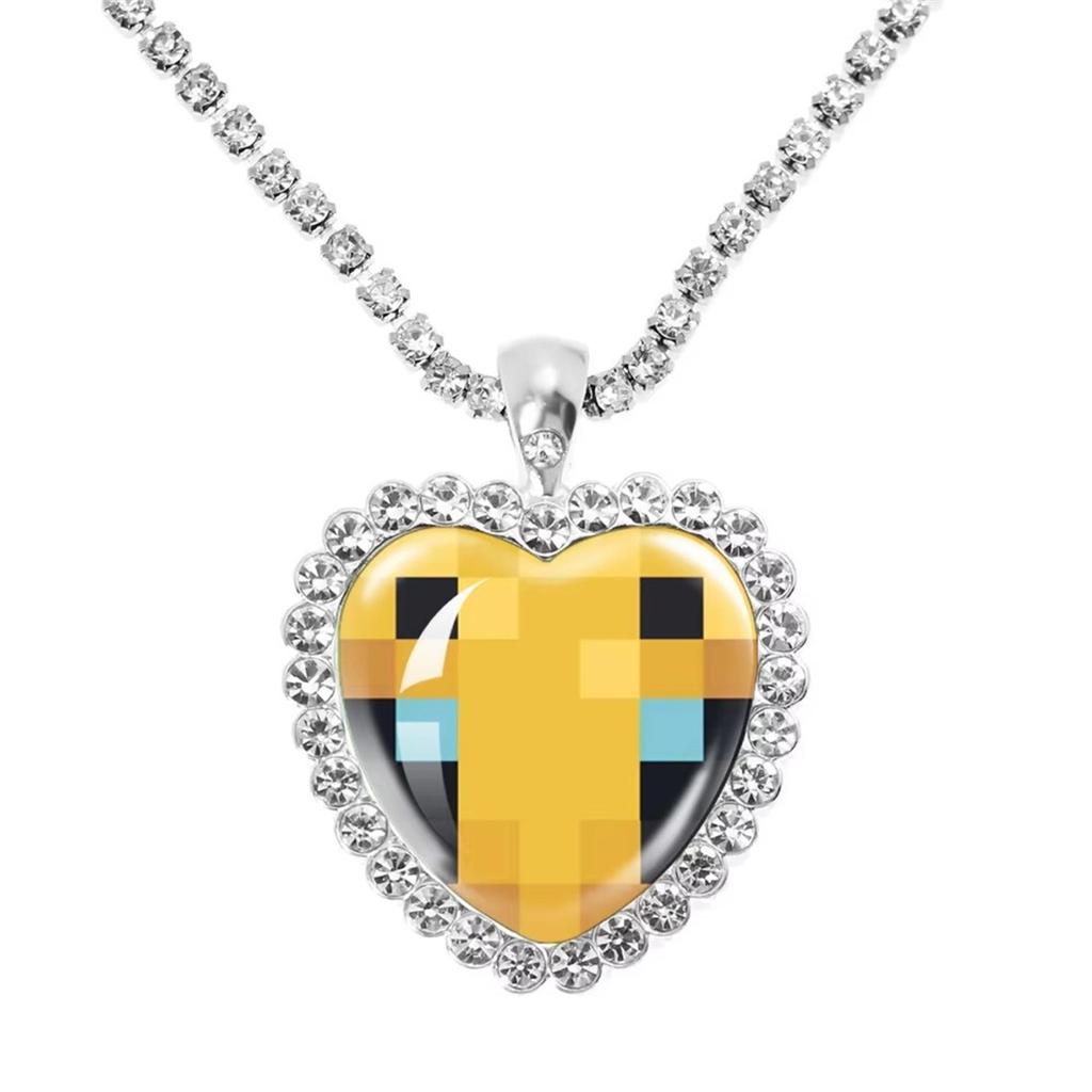 Fun Pixel Block-themed Heart Necklace Accessories, Heart Pendant, Sweater Chain, Rhinestone Necklace
