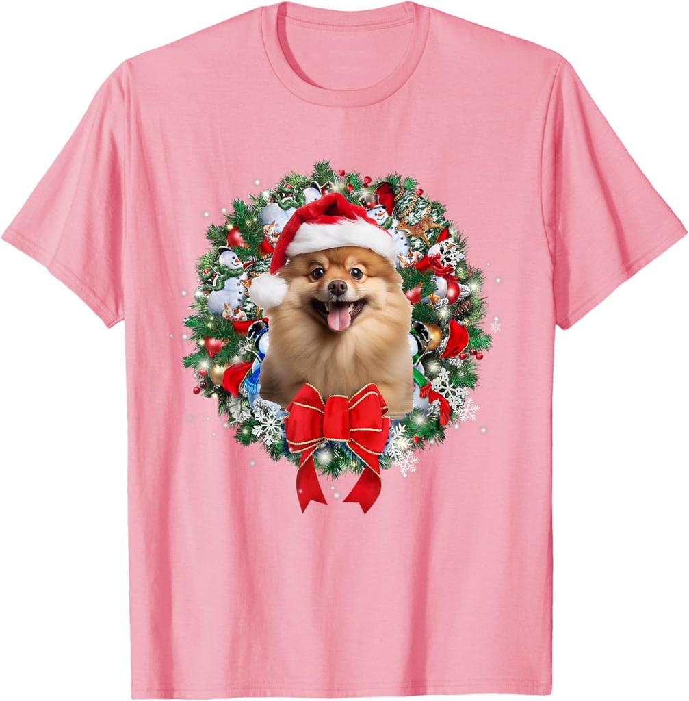 Pomeranian Christmas Wreath Graphic Tee Cute Dog Lover Casual Short Sleeve T-Shirt