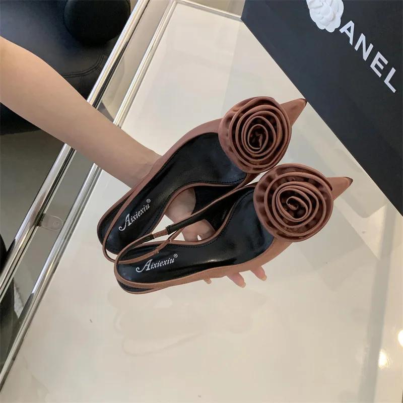 Fashion Sexy Silk Slingback Pointed Toe Women Pumps Fashion Design Flowers Thin Heels Banquet Prom Shoes