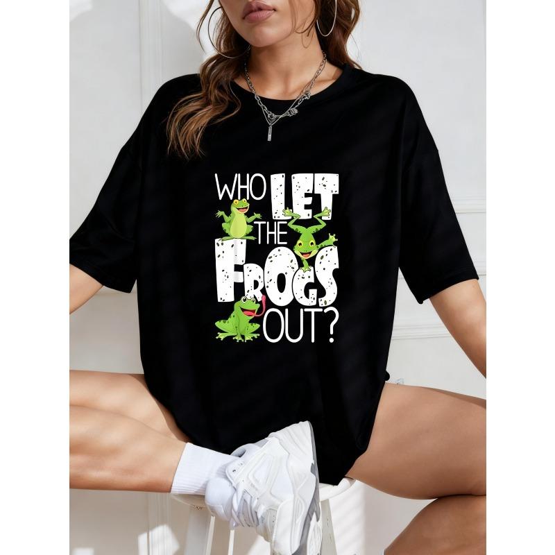 Weißes T-Shirt mit Frosch und Text Who Let The Frogs Out Lässige Sommerbekleidung für Frauen