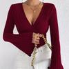 Women's Elegant Knitted Ribbed V-Neck Bell Sleeve Design T-Shirt Top