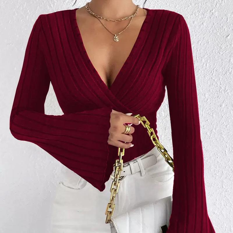 Women's Elegant Knitted Ribbed V-Neck Bell Sleeve Design T-Shirt Top