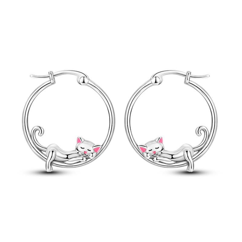 925 Silver Elegant Cute Cat Animal Ear Jewelry Party Wedding Jewelry Zircon Stone Earring Hoop Earrings for Women
