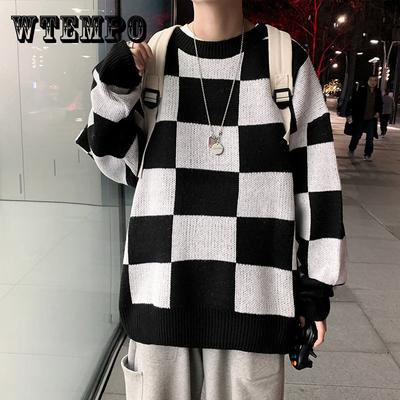 Streetwear Sweater Men Retro Checkerboard Plaid Pullover Hip Hop Autumn New O-neck Oversize Couple Casual Sweaters Men