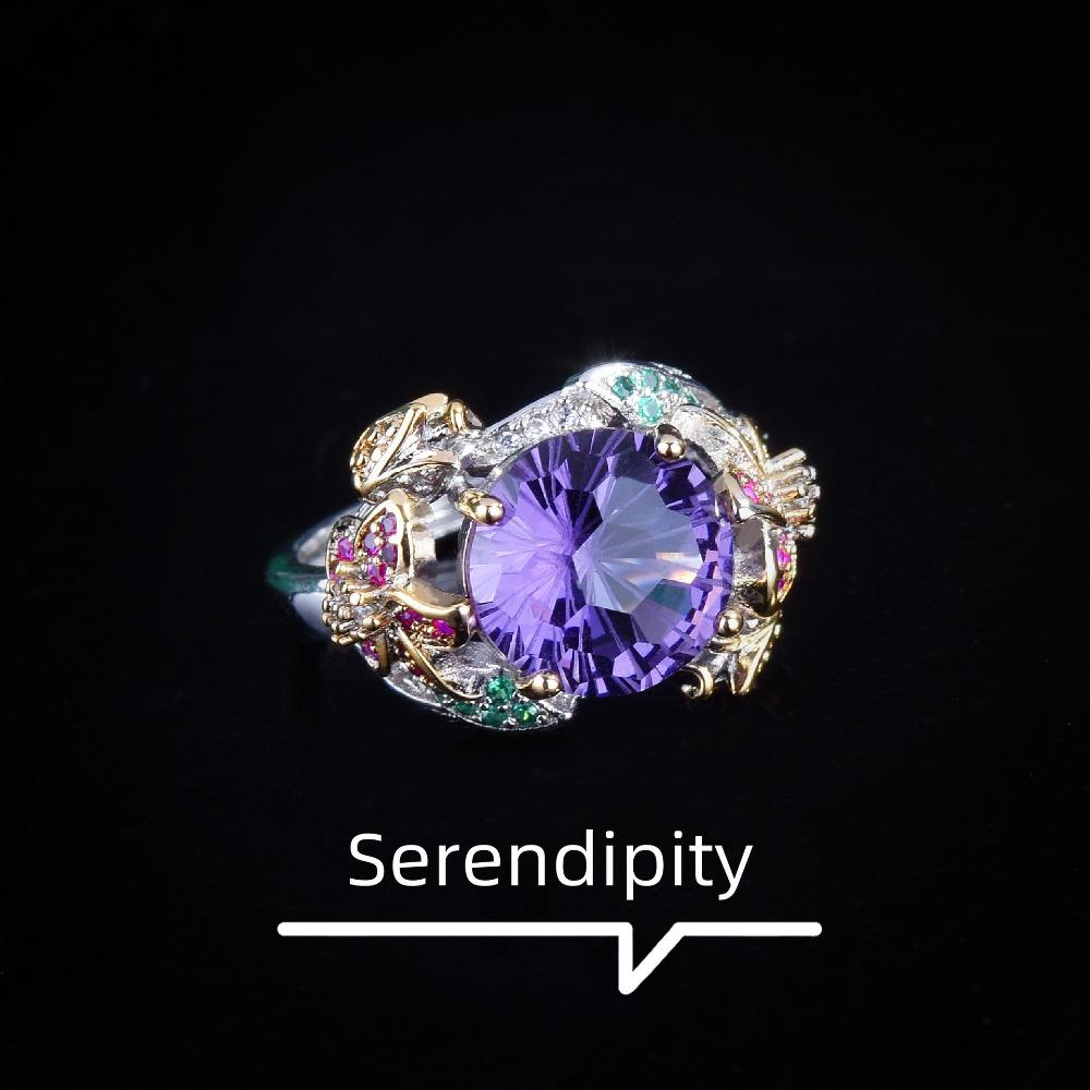 

Women Italian Two Tone Gold Artisan Ring Firework Cut Purple Diamond Floral Openwork Color Gemstone Fashion Jewelry