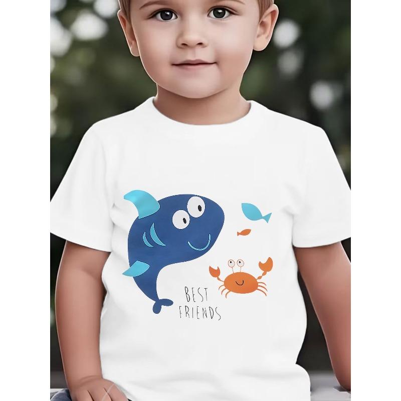 Boys Crewneck T-Shirt, Cute Ocean Animals Whale Crab Fish Cartoon Print 110 белый
