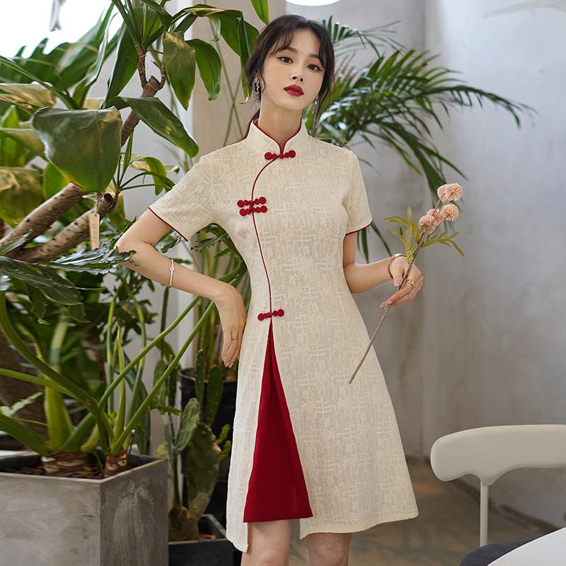 Women's Summer Standing Collar Short Sleeve Midi Waist Cheongsam Elegant Literary Vintage Dresses