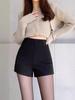 Women's Black Elastic High-Waisted Fleece-Lined Shorts - Slimming, Wide-Leg, Thick, Small Size, Autumn/Winter 2024 Collection