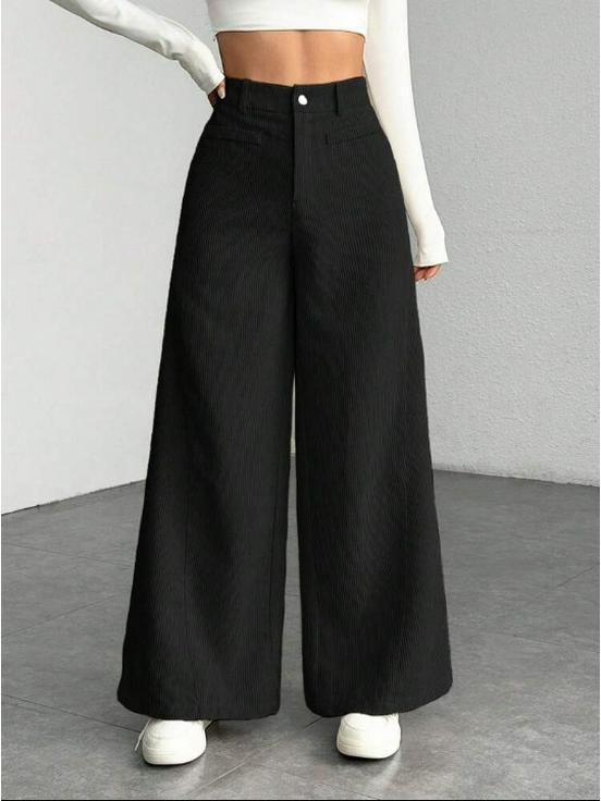 High Waist Corduroy Women's Wide Leg Pants - Casual, Loose, Floor-Length, Solid Color.